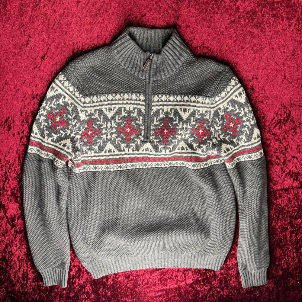 IZOD Holiday Sweater Mens M Charcoal Fair Isle Nordic Design Heavy Knit‎ 1/4 Zip
